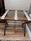 Vtg Luggage Suitcase Rack Stand Folding Wood Tapestry Floral Straps Handmade