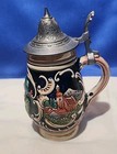German Beer Stein W  Pewter Lid - Vtg - 5 5  Tall X 2  Base X 3  Wide