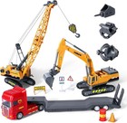 Kids Construction Trucks Playset Excavator Crane Semi Truck Tractor Lowboy