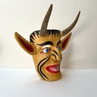  Vintage Mexican Folk Art Mask Painted Wood Carving Real Goat Antler