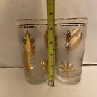 Vintage Mcm Set Of 2 Frosted Highball Barware Glasses With Gold Leaves 5 5    Tall