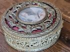 French Antique Vanity Casket box Bronze   Red Enamel Guilloche Portrait 5  Tlc