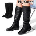 Women Pu suede Knee High Boots Slouch Flat Heel Booties Shoes Winter Boots