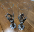 1994 Wine Glasses seagull Pewter signed Etain Zinn grape Pattern vtg  Hand Blown