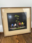 Vintage Mid-century Modern African Tribal Folk Art Fishing Scene- Framed Gouache