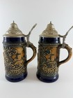 Set Of 2 Vintage German Gerz Tan   Blue Beer Stein Mug Stamped Pewter Lid 7   