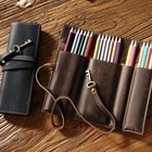 Handmade Cowhide Leather Pen Pouch Roll-up Pencil Case Bag Stationery Storage