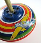 Vintage Tin Spinning Top  Airplanes Graphic  Red Blue Yellow Green White Stripes