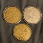 3x Bitcoin Design Novelty Coins In Capsules - 2 Gold Tone  1 Silver  Circuit