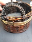 Small Handwoven Wicker Basket Braided Handles Gold Accent     Rustic Cottagecore 