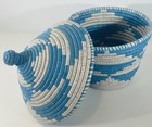 Traditional African Hand Woven Tribal Basket Coiled Blue And White With Lid