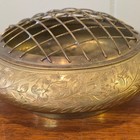 Vintage Brass Flower Frog Rose Etched Bowl Wire Grid Lid Made In India