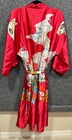 Red Satin Kimono Robe Size L Japanese Geisha Pagoda Floral Belted Lounge