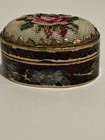 Vtg Small Oval Petit Point Rose And Enameled Hinged Pill Box