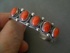 Southwestern Native American Navajo Coral Row Sterl Silver Chased Cuff Bracelet