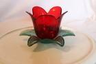 Vintage Vetreria Lux Made In Italy Red Glass Flower Glitter Leaf Candle Holder
