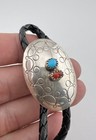 Vintage Navajo Sterling Silver Turquoise   Coral Stamped Oval Bolo Tie