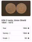 1866 Two Cent Piece Philadelphia Mint  union Shield  Bronze Coin 2 Cents