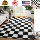 Area Rug 4x6 Shaggy Black White Checkered Fuzzy Fluffy Plush Soft Modern Living