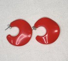 Vintage Mid Century Modern Retro Chunky Half Hoop Red Plastic Pierced Earrings