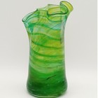 Green Swirl Art Glass Vase Ruffled Handkerchief Rim Hand Blown 8 5 Inch Decor