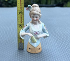 Antique German 3 5  Porcelain Half Doll Pin Cushion Ornate W  Feathers  12286