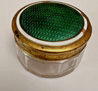 Vtg Green Guilloche Enamel White Gold Tone Metal Glass Vanity Jar