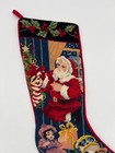 Vintage Handmade Lined Needlepoint Santa Claus Christmas Stocking Velvet Backing