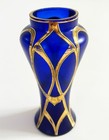 Antique Art Nouveau Gold Enamel Cobalt Blue Satin Glass 6  Vase French Bohemian