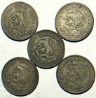Lot Of 5 Mexico Silver 25 Centavos 1950 1951 1953 30  Silver Km 443 World Coins