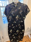 Women   s Cheong-sam Qipao Dress Black Satin Floral Print Mandarin Collar 36
