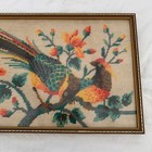 Pheasant Birds On Flowering Branch Needlepoint Picture 9 75 x19  Vtg Mcm Framed