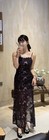Black Purple Floral Chiffon Lace Trim Strappy Square Neck Sheer Maxi S