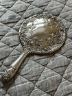 Vintage Silver Plated Round Hand Held Vanity Mirror Floral Art Deco Victorian