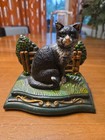 Vintage Hubley Cast Iron Kitty Cat In The Yard  Door Stop Napkin  Letter Holder 