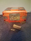 Vintage Chinese Wooden Jewelry Box W  Etched Brass   Carved Jade Inlay Handmade