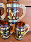 Rare Set Of 6 Vintage Novelty  i Drink To     Brown Glass Beer Mugs 1960s