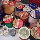 Lot 50   Vintage Wooden   Plastic Sewing Thread Spools In  2  Vtg Tins 