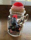 New Vintage Sewing Kit Glass  Jar Scissors Thread Needles Set Caddy