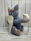 Handmade Blue Floral Fabric Cat With Mouse Pin Cushion Home Decor Cute With Bow