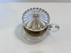 Antique Cut Glass Inkwell Brass Hinged Lid Finger Holder