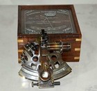 Antique Brass Sextant Maritime Nautical Astrolabe Glasstop Wood Box Collectible