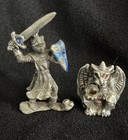 Signed Sunglo Designs Pewter Dragon And Knight Figures Rhinestone Eyes