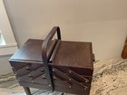 Vintage Wood Sewing Box Accordion 3 Tier Fold Out Chest Mid Century Modern