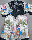 Japanese Geisha Kimono Robe Jacket Kyoto Women L Black White Satin Made In Japan