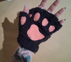 Cat Paw Fingerless Costume Gloves Faux Fur Black With Pink Pads  One Size