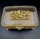 Vintage Matson Style Ormolu Filigree Jewelry Box Bird   Dogwood Lid Velvet Lined