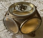 Vintage French Ormolu   Glass Jewelry Box Casket 5 Beveled Panes Hinged Lid