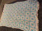 Crochet Granny Square Sofa Throw Blanket Blue   White Fringed Vintage 46x67