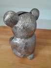 Vintage 1970s Teddy Bear Silver Plated Metal With A Bow Tie Coin Bank